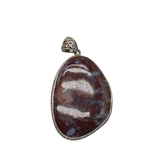 Unbranded Jewelry - Large Polished Red Blue Moss Agate Stone Pendant With Ornate Silver Bail